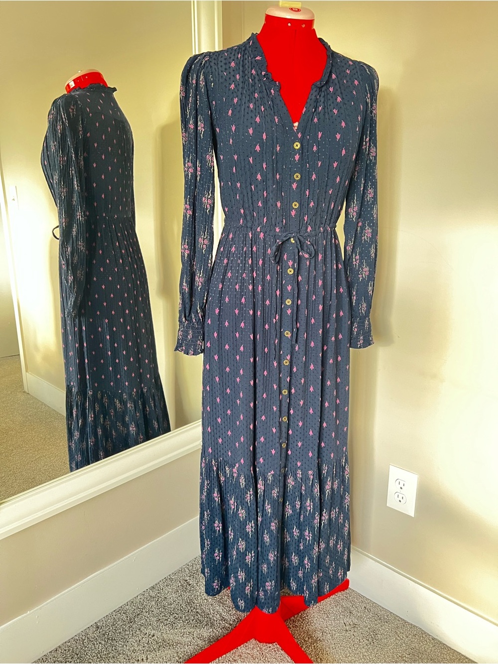 Fat Face Navy Maxi Dress with Pink Floral Motif